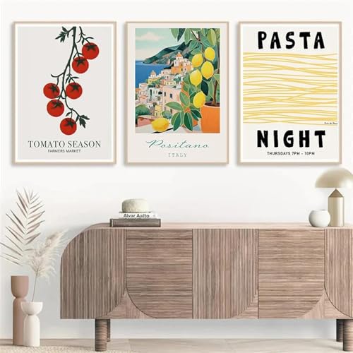 GKUVBF Vintage Italien Reise Essen Spaghetti Kaffee Mittelmeerküste Landschaft Poster Leinwand Malerei Wandbild Wohnkultur 40x60cm-3 Stück Rahmenlos von GKUVBF