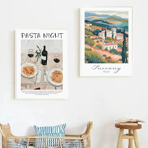 GKUVBF Vintage Italien Reise Essen Spaghetti Kaffee Mittelmeerküste Landschaft Poster Leinwand Malerei Wandbild Wohnkultur 60x80cm-2 Stück Rahmenlos von GKUVBF