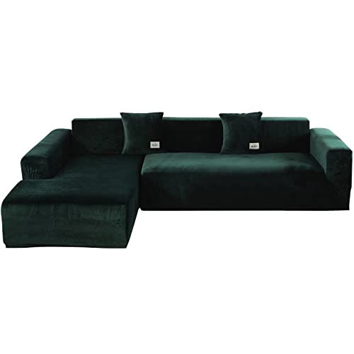 GKXLH L Form Sofabezug 3 Sitzer – Weicher Samt L Form Sofa Schonbezüge 3 Sitzer + 3 Sitzer Couchbezüge Möbelschoner mit 4 Kissenbezügen für L-förmiges Schnittsofa (Dunkelgrün, 3 + 3 Sitzer) von GKXLH