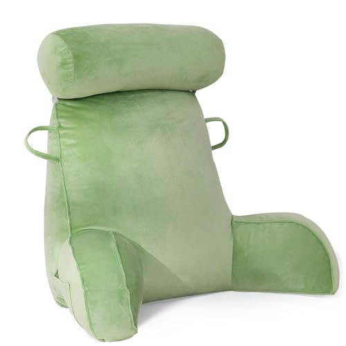 GKXLH Lesekissen - Samt Lesekissen zum Sitzen im Bett Erwachsene, Rückenkissen für Bett Sitzen mit rundem Kissen, Rücken Armstütze Bettruhe Kissen mit Arm, Tasche, waschbarer Bezug (Grün) von GKXLH