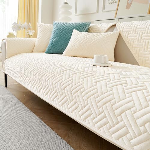 GKXLH Neue Sofa überzug Waschbar - Weiche Milch Flanell Sofabezug 2 3 4 Sitzer, rutschfeste Couch überzug, Sofa Cover Ecke Sofa Bezug für Sektionssofa, Couch Cover L Form Möbelschutz (Beige Weiß) von GKXLH
