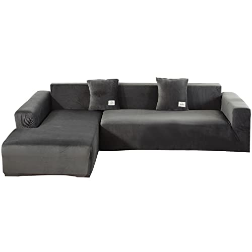 GKXLH L Form Sofabezug 3 Sitzer – Weicher Samt L Form Sofa Schonbezüge 3 Sitzer + 3 Sitzer Couchbezüge Möbelschoner mit 4 Kissenbezügen für L-förmiges Schnittsofa (Dunkelgrau, 3 + 3 Sitzer) von GKXLH