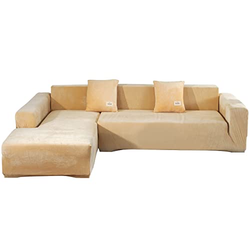 L-Form Sofabezug 3-Sitzer - Weicher Samt L-Form Sofabezüge 3-Sitzer+3-Sitzer-Couchbezüge Möbelschoner mit 4 Kissenbezügen für L-förmiges Sofa(Beige Gelb, 3+3-Sitzer) von GKXLH