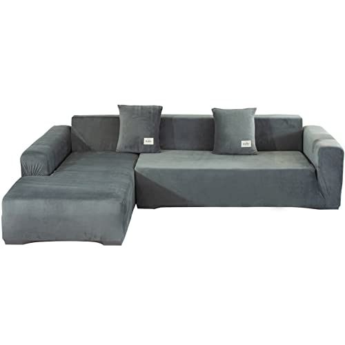 L-Form Sofabezug 3-Sitzer - Weicher Samt L-Form Sofabezüge 3-Sitzer+3-Sitzer-Couchbezüge Möbelschoner mit 4 Kissenbezügen für L-förmiges Sofa(Grau, 3+3-Sitzer) von GKXLH