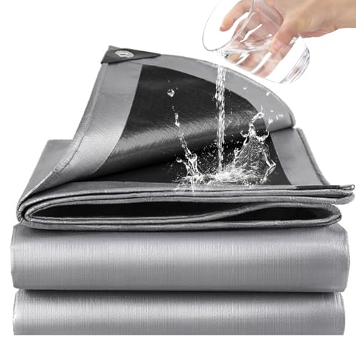 Plane Wasserdicht Heavy Duty - Dicke 180 g/m² Widerstandsfähige wasserdichte Outdoor Plane 3m x 4m, Frostbeständig, UV-Schutz PE Kunststoffplane für Garten, Pavillon, Camping, Möbel (Silber+Schwarz) von GKXLH
