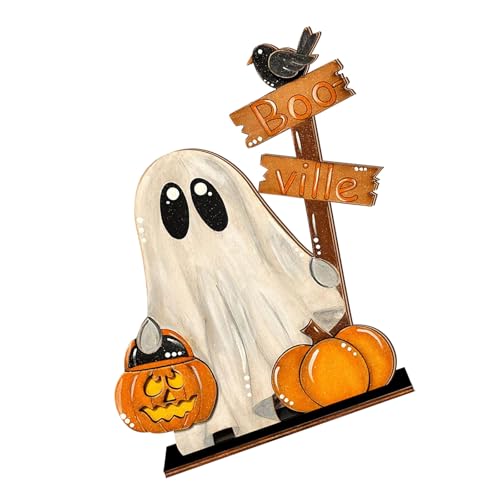 GKYQVE Holzkürbis Geistertisch Schild Orament Halloween Dekoration Holzschild Für Esstisch Mantel Tabletop Display Halloween Holzdekoration Set von GKYQVE
