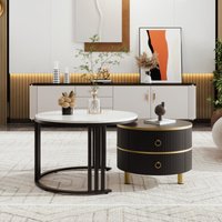 Couchtisch Set, 2-in-1 Runder mit Hochglanz- und Glasplatte, inkl. 2 Schubladen, Leicht zu reinigen, Platzsparend und flexibel, bis 80 kg, Schwarz von GL Store