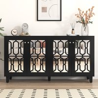 Küchenschrank, Anrichte mit Kristallgriffen und Spiegeloberfläche, Vier Türen zwei beweglichen inneren Regalen, bis 80 kg, 160 x 40 x 84 cm, Schwarz von GL Store