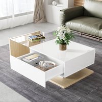 Couchtisch Hochglanz Weiß und Holz mit LED-Beleuchtung und Glasplatte, Natürliche farben von GL Store