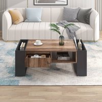 Couchtisch, mit Holzmaserung, grifflose Schublade und doppelseitigem Stauraum, Klassische Farbkombination, 106,4 x 60 x 40 cm, Schwarz + Braun von GL Store