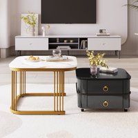 Stapelbarer Couchtisch im 2er-Set: Hochglänzende Marmoroptik, Glasplatte, schwarze Beine und Schubladen, Schwarz von GL Store