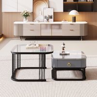 Stapelbarer Couchtisch im 2er-Set: Hochglänzende Marmoroptik, Glasplatte, schwarze Beine und Schubladen, Schwarz von GL Store