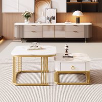 Stapelbarer Couchtisch in Hochglanz-Marmoroptik mit goldenen Akzenten und Schubladen, zweiteiliges Set, Weiß von GL Store