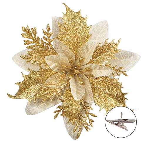 GL-Turelfies 12 STK. Glitzer Weihnachtsblumen (15cm/5,9'') mit 12 STK. Clips Künstliche Weihnachtsstern Blumen Weihnachtsbaum Blumenschmuck Weihnachtsbaum Ornamente (Gold) von GL-Turelifes