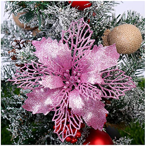 GL-Turelifes 12 Stück 16,3 cm Durchmesser glitzernde Weihnachtsblumen rosa Weihnachtsstern künstliche Blumen Weihnachtskranz Weihnachtsbaum Blumen Baumschmuck mit 12 Stück grünen Blumenstielen von GL-Turelifes