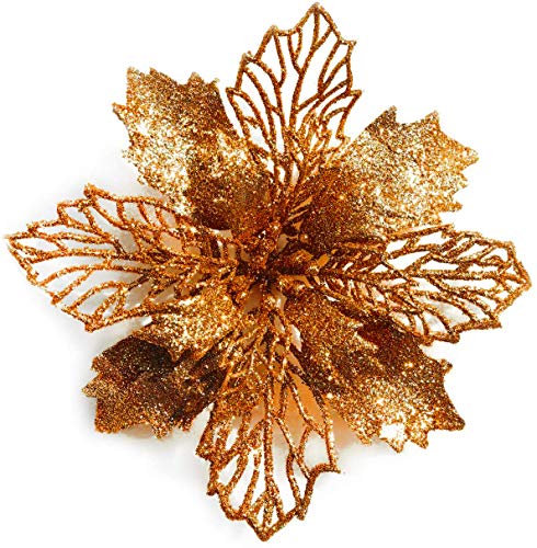 GL-Turelifes 12 Stück 16,3 cm glitzernde Weihnachtsblumen Bronze Weihnachtsstern Künstliche Blumen Weihnachtsbaum Blumen Kranz Baumschmuck mit 12 Stück grünen Blumenstielen von GL-Turelifes