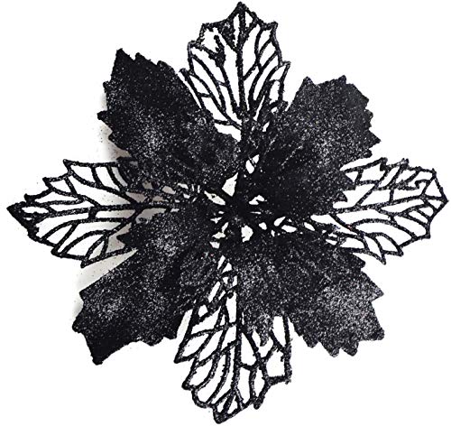 GL-Turelifes 12 Stück 16,3 cm glitzernde Weihnachtsblumen, schwarzer Weihnachtsstern, künstliche Blumen, Weihnachtsbaum, Blumenkranz, Baumschmuck mit 12 grünen Blumenstielen von GL-Turelifes