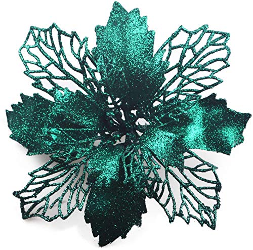 GL-Turelifes 12 Stück 16,3 cm glitzernde Weihnachtsblumen, schwarzgrün, Weihnachtsstern, künstliche Blumen, Weihnachtsbaum, Blumenkranz, Baumschmuck mit 12 grünen Blumenstielen von GL-Turelifes