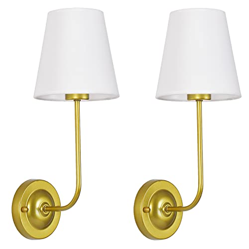 GLADFRESIT Moderne Wandleuchte, 2er-Set, weißer Stoffschirm, Wandleuchter, fest verdrahtet, für Wohnzimmer, Esszimmer, Nachttisch, Lesen, gebürstetes Messing von GLADFRESIT
