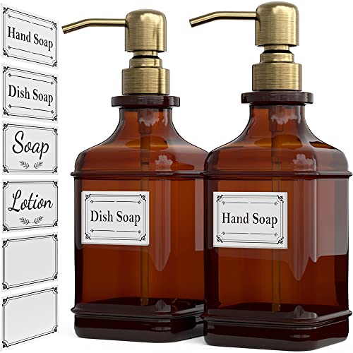 GLADPURE Seifenspender, 2er-Pack, Handseifenspender, 530 ml, antikes Design, dicke bernsteinfarbene Glasflasche, rostfreie 316er-Edelstahl-Pumpe, 6 Aufkleber, für Lotion, Seife, Gold (Brushed Gold) von GLADPURE