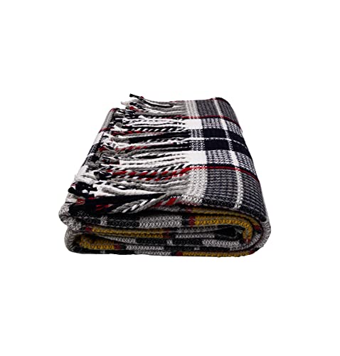 GLAESER Wohndecke Fair Deluxe Cotton All Seasons | Wolldecke aus 50% Baumwolle, 30% Polyester und 20% Acryl | Couchdecke/Sofadecke | Kuscheldecke | Wolldecke mit Fransenborde (Gelb/Schwarz Kariert) von GLAESER