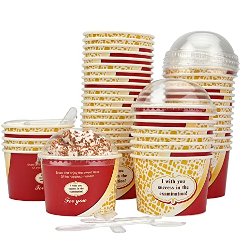 Eisbecher aus Pappe,50 Pcs Eiscreme Becher Container 130ml Wiederverwendbare Papier Eiscreme Wannen Suppe Container mit 50 Pcs Deckel und Schaufeln für Eiscreme gefrorenen Joghurt (Gold) von GLAITC