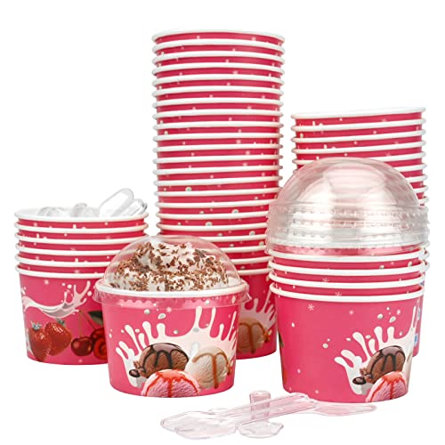 GLAITC Eisbecher aus Pappe,50 Pcs Eiscreme Becher Container 130ml Wiederverwendbare Papier Eiscreme Wannen Suppe Container mit 50 Pcs Deckel und Schaufeln für Eiscreme gefrorenen Joghurt (Rosa) von GLAITC