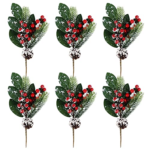 GLAITC künstliche Tannenzweige, 6 Stück Weihnachten Deko Zweige mit roten Beeren und Tannenzapfen Weihnachten Beeren Zweige für DIY Girlande Christbaum Party Dekoration (12 Zoll) von GLAITC