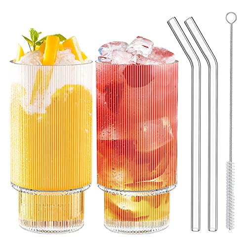 Geriffelte Gläser Set, 2 Stück 420ml Ripple Vintage Gläser mit Glasstrohhalm Reinigungsbürsten Geriffelte Glaswaren Geripptes Saftglas für Whiskey, Smoothie, Eis, Bier von GLAITC