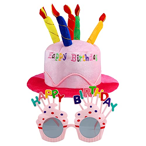 Happy Birthday Geburtstagshut,Partyhüte Erwachsene Geburtstagshut mit Geburtstagsbrille Plüsch Partyhut Erwachsene Geburtstagshut für Geburtstagsfeier Gläser für Mädchen Junge Partydekoration pink von GLAITC