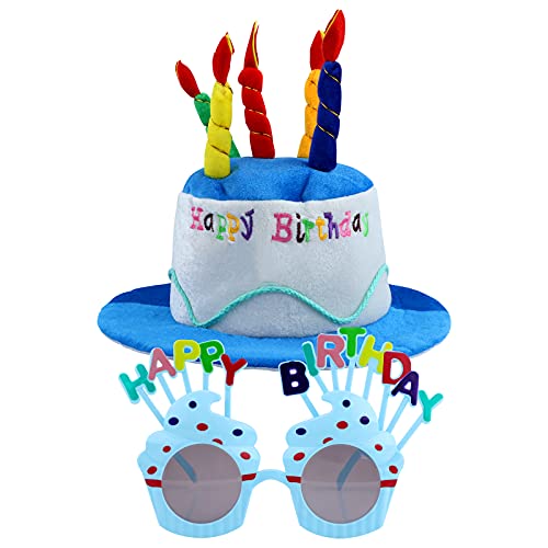 Happy Birthday Geburtstagshut,Partyhüte Erwachsene Geburtstagshut mit Geburtstagsbrille Plüsch Partyhut Erwachsene Geburtstagshut für Geburtstagsfeier Gläser für Mädchen Junge Partydekoration Blue von GLAITC