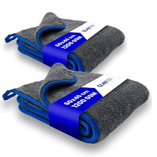 GLANTEX 2X Extra großes Saugstarkes Mikrofasertuch 1200 GSM, Lackschonendes Mikrofaser Poliertuch, fusselfreies Mikrofasertuch für die Autopflege, Microfasertuch Auto Polieren, 60cm x 40cm von GLANTEX