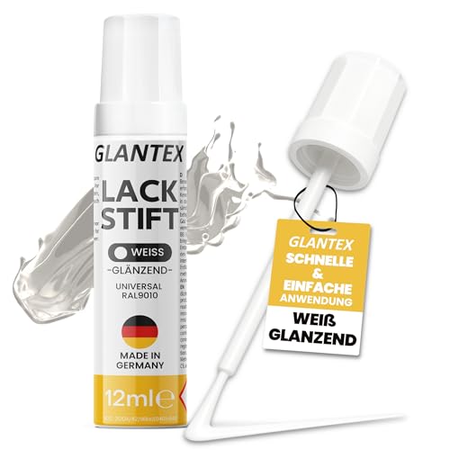 GLANTEX Lackstift Weiß glänzend [12ml] - Autolack mit hoher Deckkraft gegen Kratzer und Steinschläge, für Auto, Felgen, Möbel, Heizkörper - RAL 9010 (Weiß Glanz) von GLANTEX