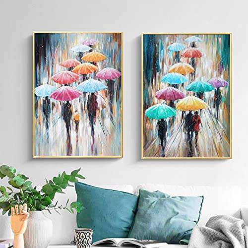 Abstrakte Frau Mit Regenbogen Regenschirm Im Regen Leinwand Malerei Poster Drucken Wandkunst Bilder Wohnzimmer Wohnkultur Cuadros 50x70cmx2 Rahmenlos von GLASA