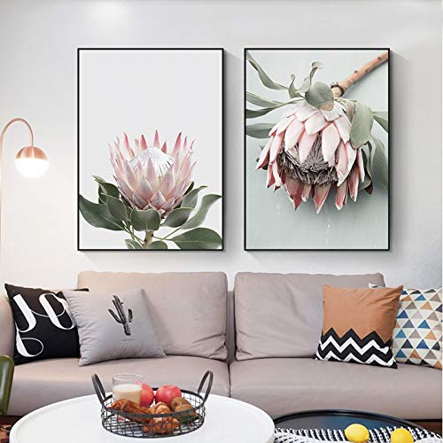 Drucken Sie Auf Leinwand Protea Flower Plant Bild Botanical Art Poster Blumenwand Leinwand Druck GemäLde Modernes Wohnzimmer Dekor-60x90cmx2 Rahmenlos von GLASA