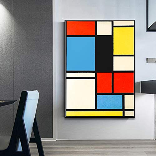 Piet Cornelies Mondrian Klassische Kunst Geometrie Linie Rot Blau Gelb Komposition Leinwanddruck Malerei Poster Home Wall Decor 90x120cm (36x48") Rahmenlos von GLASA