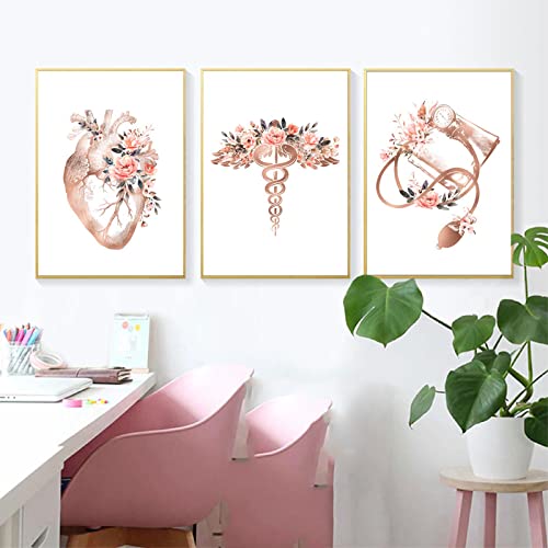 Wandkunst Leinwand Malerei Herz Stethoskop Ekg Blume Medizinische Poster Und Drucke Kardiologe Bild Arzt BüRo Zimmer Dekor 60x90cmx3(24x36"X3) Rahmenlos von GLASA