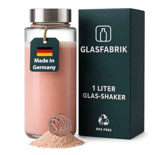 GLASFABRIK® Premium Glas Shaker Proteinshake | 1 Liter BPA-freie Glasflasche mit Edelstahlkugel | Nachhaltiger Protein Shaker aus Glas | Geschmacksneutral & auslaufsicher | Deutsche Markenqualität von GLASFABRIK