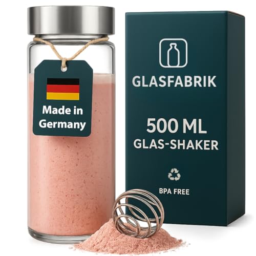 GLASFABRIK® Premium Glas Shaker Proteinshake | 500 ml BPA-freie Glasflasche mit Edelstahlkugel | Nachhaltiger Protein Shaker aus Glas | Geschmacksneutral & auslaufsicher | Deutsche Markenqualität von GLASFABRIK