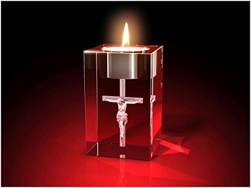 GLASFOTO.COM, Christus am Kreuz - Teelicht 50 x 80 x 50 mm, Kristallglas 3D Innengravur in Premiumqualität von GLASFOTO.COM 3 DIMENSIONEN IM GLAS