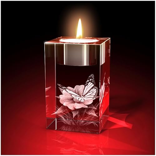 GLASFOTO.COM Glasfoto 3D Blume mit Schmetterling Teelicht – Kristallglas mit Innengravur als Geschenk für jeden Anlass 50 x 80 x 50 von GLASFOTO.COM 3 DIMENSIONEN IM GLAS