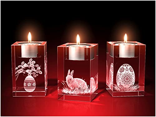 GLASFOTO.COM Glasfoto Oster-Teelichter 3er-Set 1 (50 x 80 x 50) Teelichthalter – Kristallglas mit Innengravur Ostern Deko als Ostergeschenk von GLASFOTO.COM 3 DIMENSIONEN IM GLAS