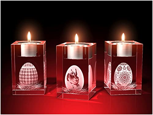 GLASFOTO.COM Glasfoto Oster-Teelichter 3er-Set 2 (50 x 80 x 50) Teelichthalter – Kristallglas mit Innengravur Ostern Deko als Ostergeschenk von GLASFOTO.COM 3 DIMENSIONEN IM GLAS