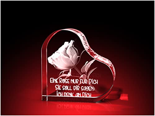 GLASFOTO.COM Rose + Ich Denk an Dich in 3D in 3D Herz – Kristallglas mit Innengravur als Geschenk 58 x 58 x 30 in Premiumqualität von GLASFOTO.COM 3 DIMENSIONEN IM GLAS