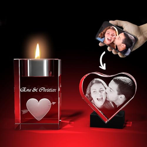 GLASFOTO.COM personalisiertes Romantik Set mit eigenem Fotoherz und individuellem Teelicht Halter – Kristallglas mit Innengravur als anpassbares Geschenk von GLASFOTO.COM 3 DIMENSIONEN IM GLAS