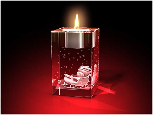 GLASFOTO.COM, Weihnachten Teelichthalter, 50 x 80 x 50 mm, Kristallglas 3D Innengravur in Premiumqualität (50 x 80 x 50 mm Geschenkeschlitten Teelicht) von GLASFOTO.COM 3 DIMENSIONEN IM GLAS