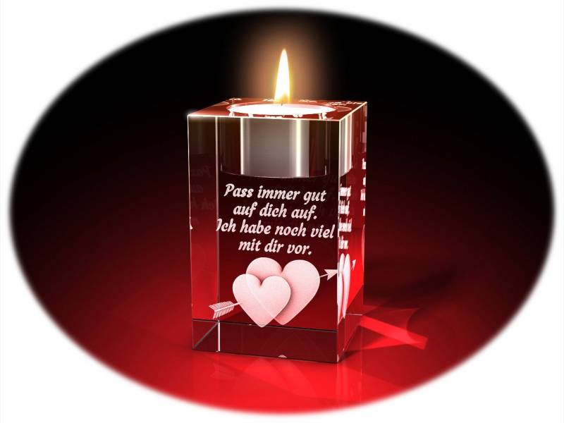 GLASFOTO.COM Teelichthalter Valentinstag, Doppelherz + Pass auf dich auf von GLASFOTO.COM