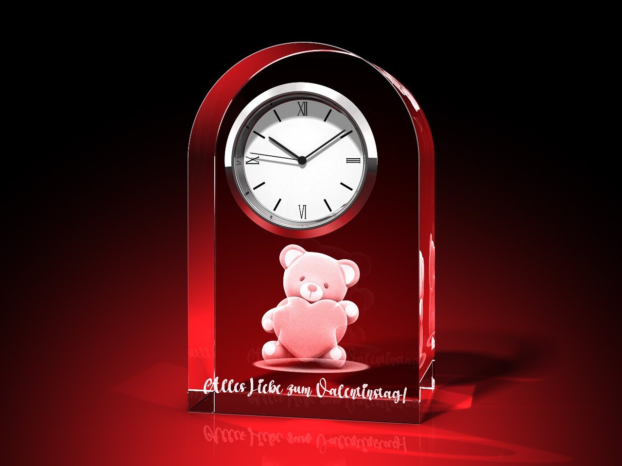 GLASFOTO.COM Tischuhr Bärchen mit Herz + Alles Liebe – Uhr, Glas rund Valentinstag (B x H x T) 60 x 95 x 40 mm, 550 g von GLASFOTO.COM