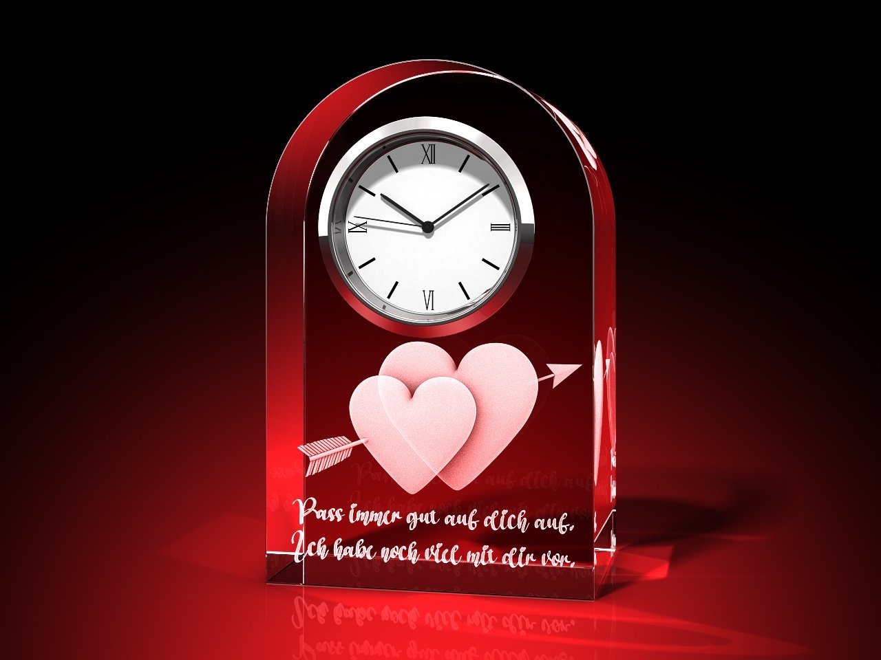 GLASFOTO.COM Tischuhr Zwei Herzen + Pass auf dich auf - Uhr, Glas rund Valentinstag (B x H x T)60 x 95 x 40 mm, 550 g von GLASFOTO.COM