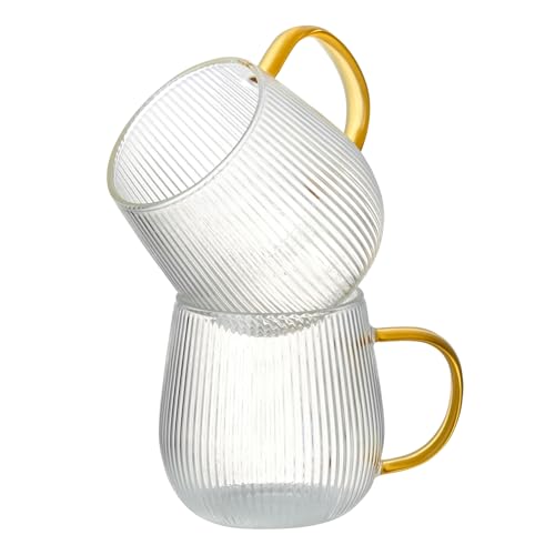 GLASKEY 2er-Set Borosilikatglas Kaffeebecher, 370 ml Glas Kaffeetasse mit Hellgelben Henkel, Hitzebeständige Gestreifte Teegläser, Geeignet für Cappuccino, Latte, Heiß-/kalte Getränke von GLASKEY